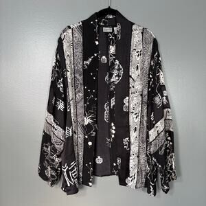 Chico's Women's Black & White Asian Inspired Silk Blend Kimono Jacket - 3 (XL)